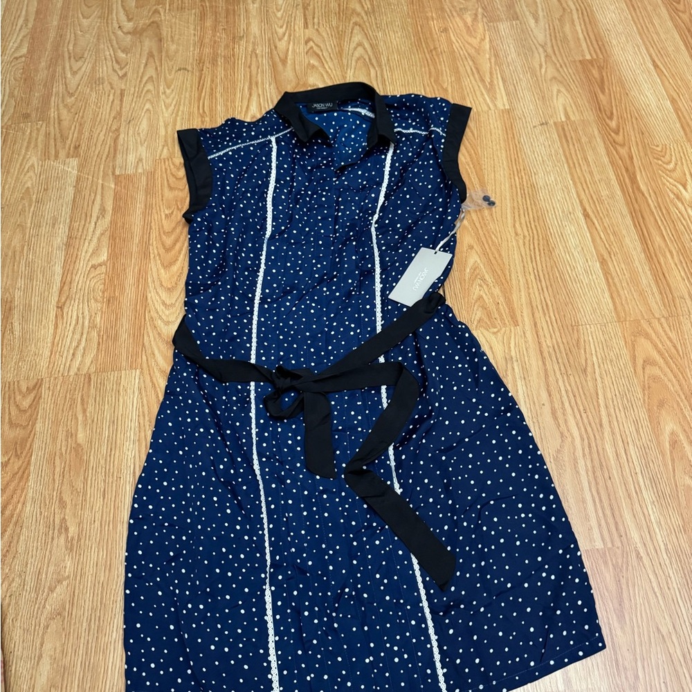 Jason Wu Navy and White Polka Dot Midi Dress